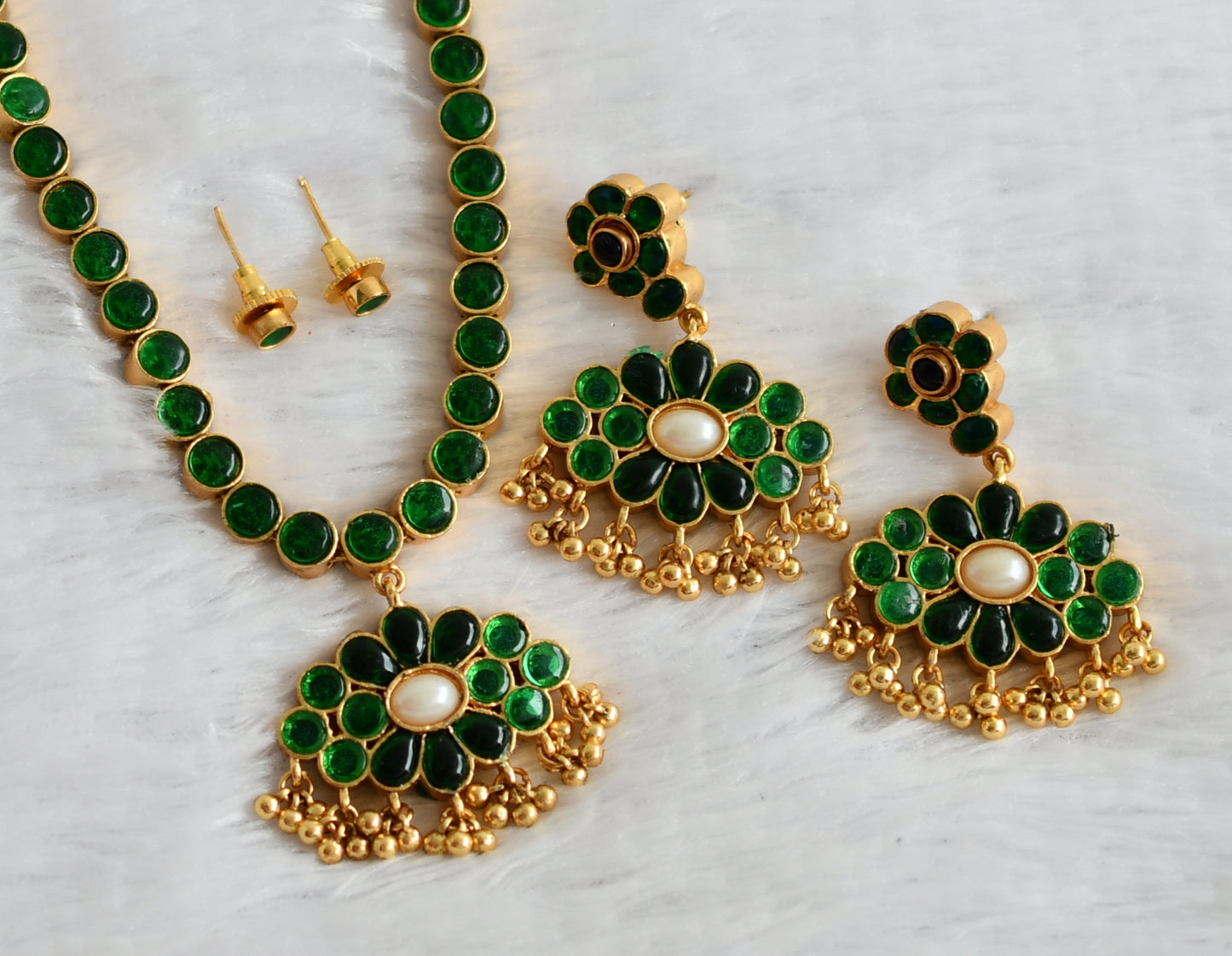 Matte finish blue-green-pearl reversible necklace set dj-49724