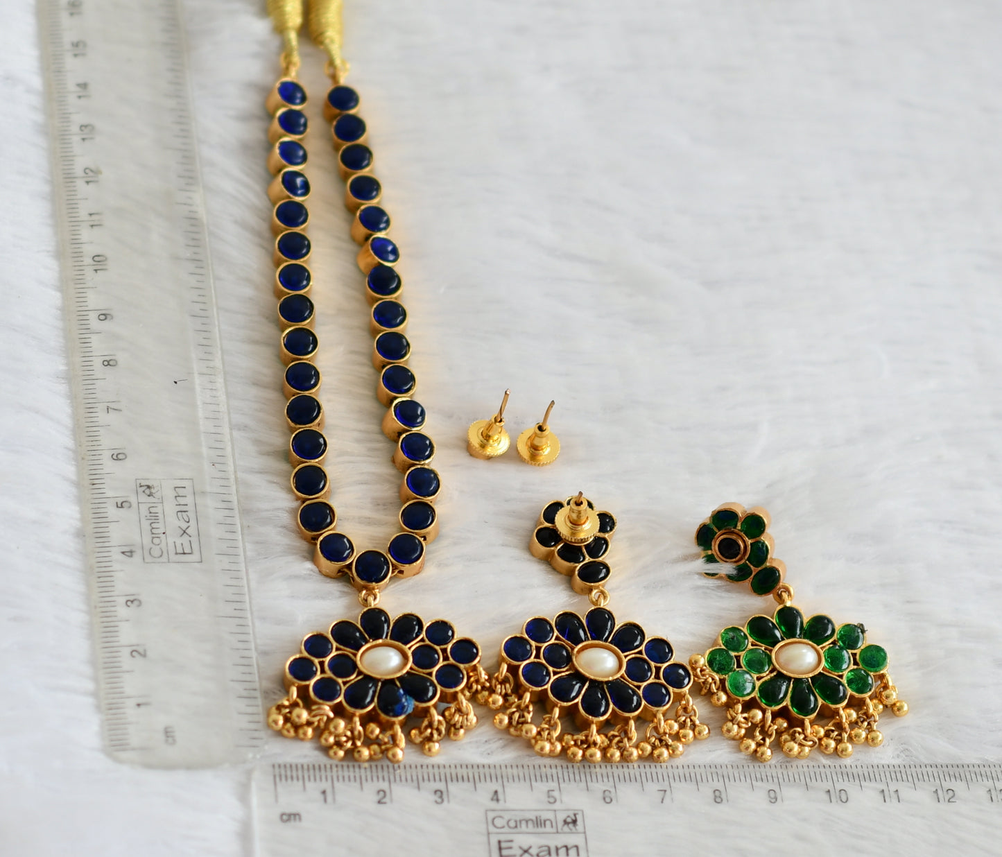 Matte finish blue-green-pearl reversible necklace set dj-49724