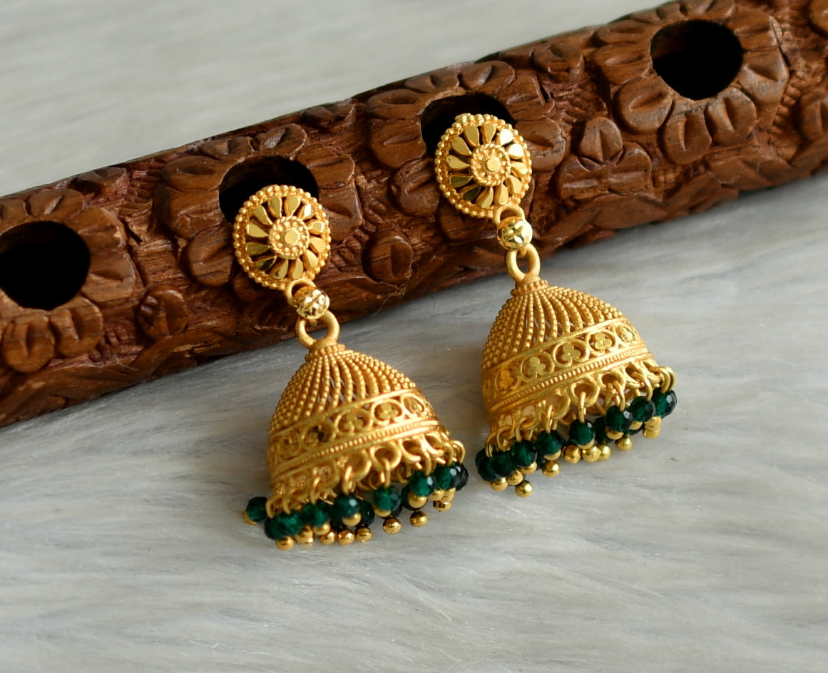 Matte gold tone kerala style green cluster jhumkka dj-42916