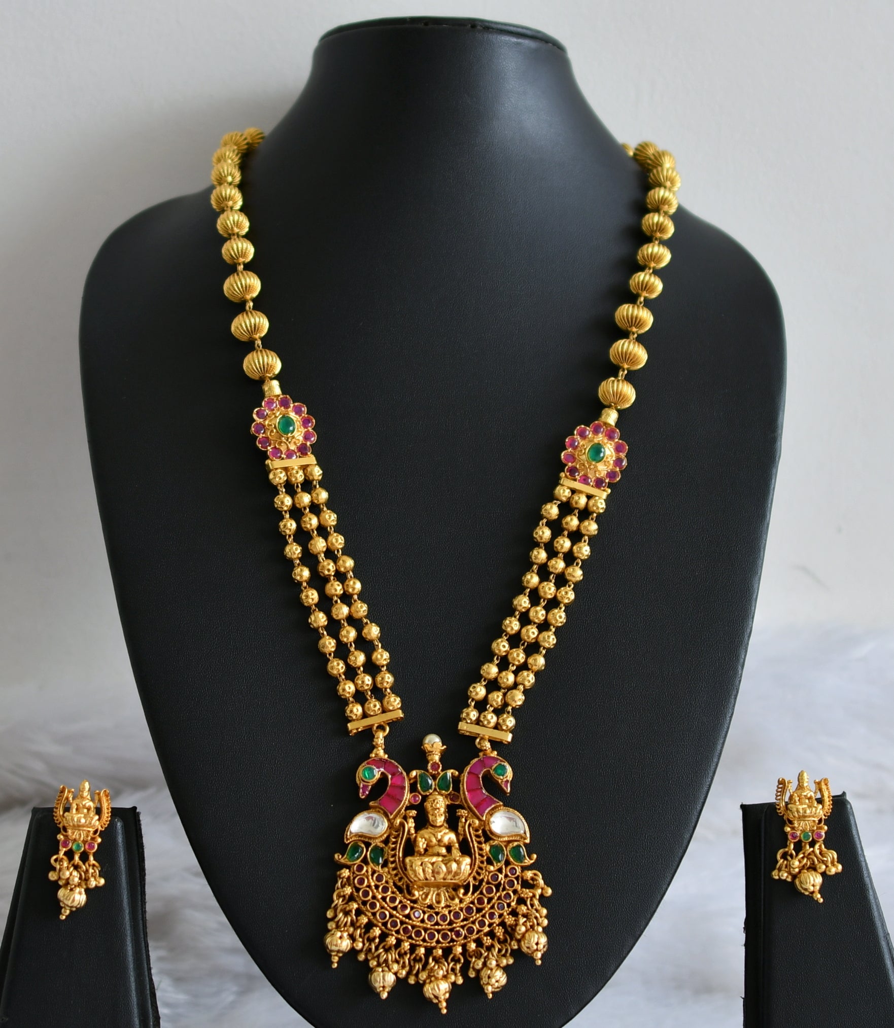 Matte finish pink-green-white kundan jadau lakshmi peacock haar set dj ...