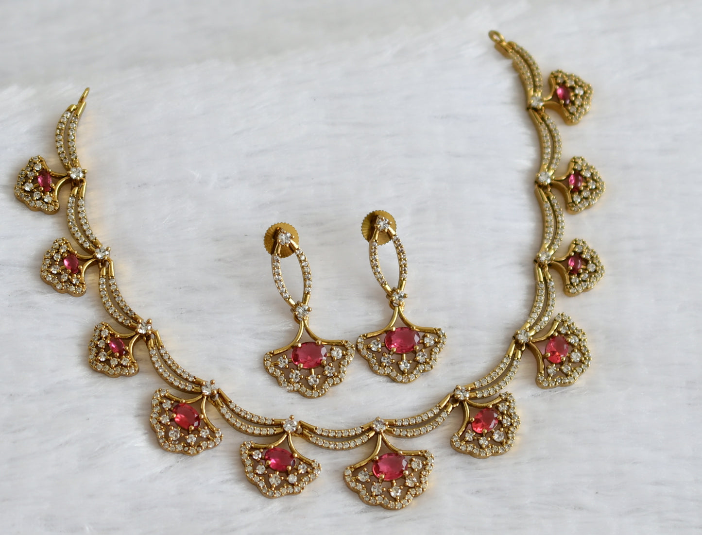 Matte finish cz-magenta pink oval stone necklace set dj-49719