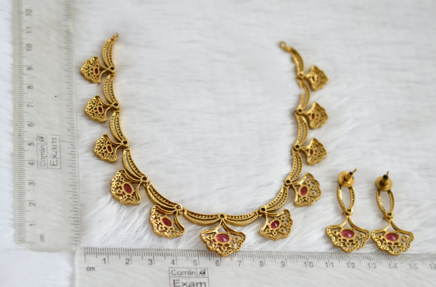 Matte finish cz-magenta pink oval stone necklace set dj-49719