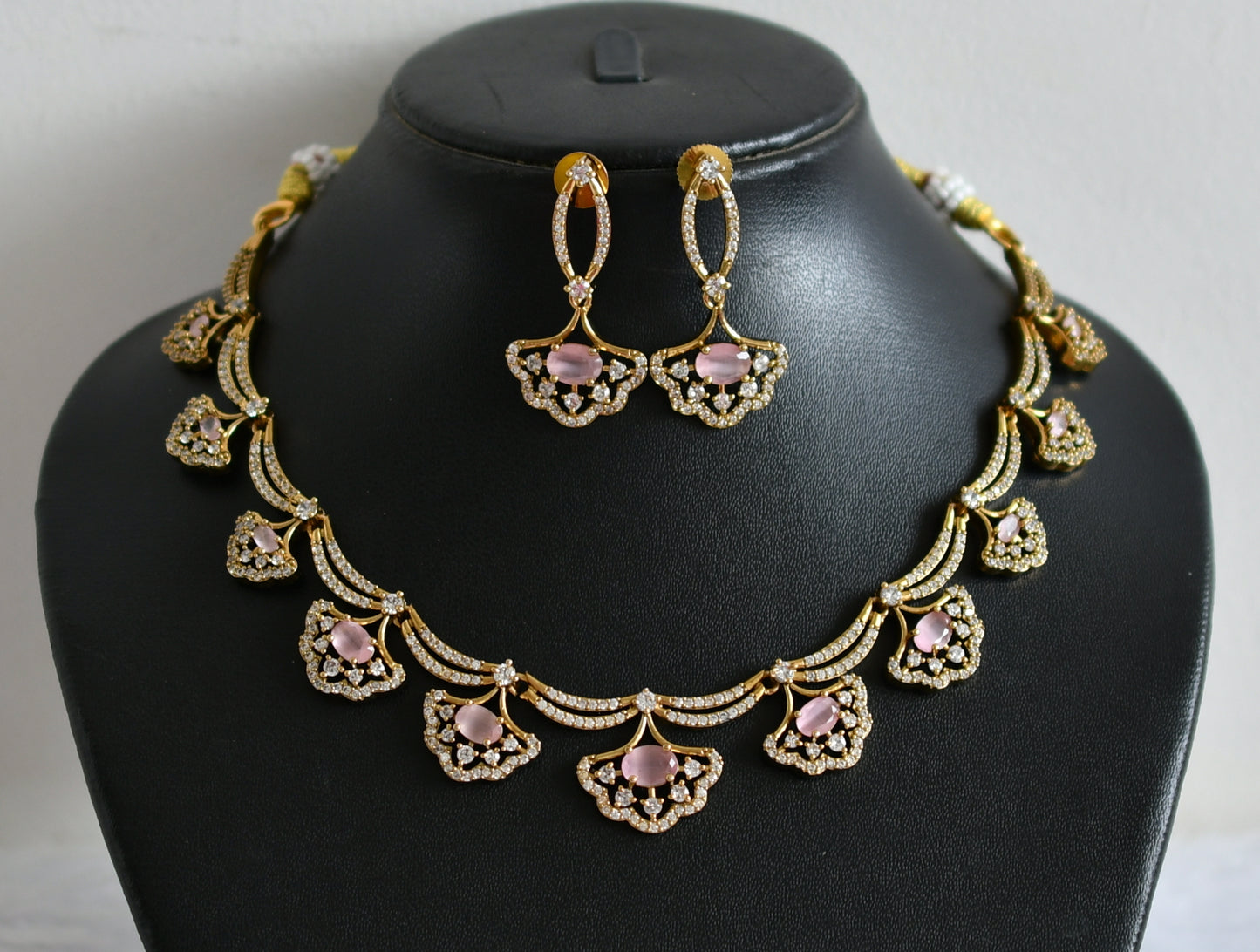 Matte finish cz-baby pink oval stone necklace set dj-49720