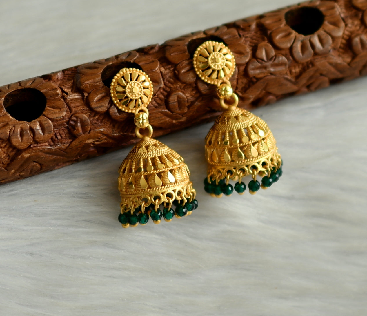 matte gold tone kerala style green cluster jhumkka dj-42918