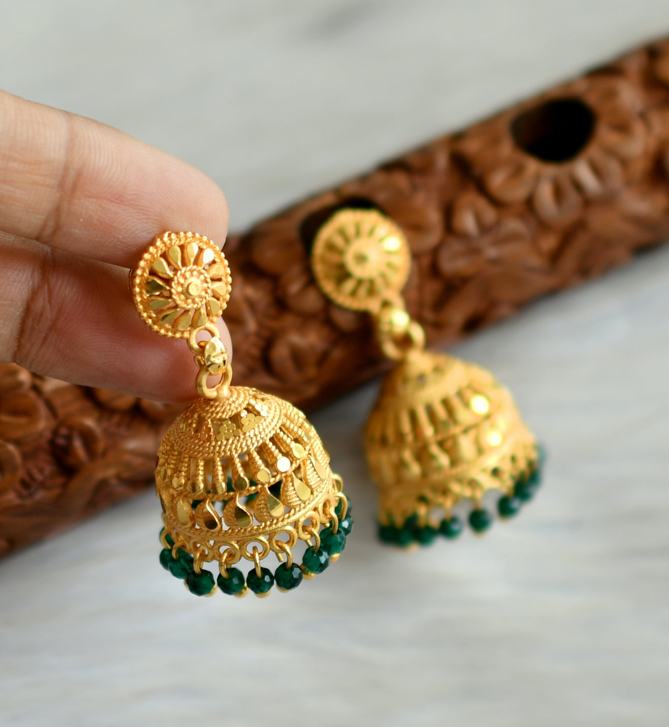 matte gold tone kerala style green cluster jhumkka dj-42918