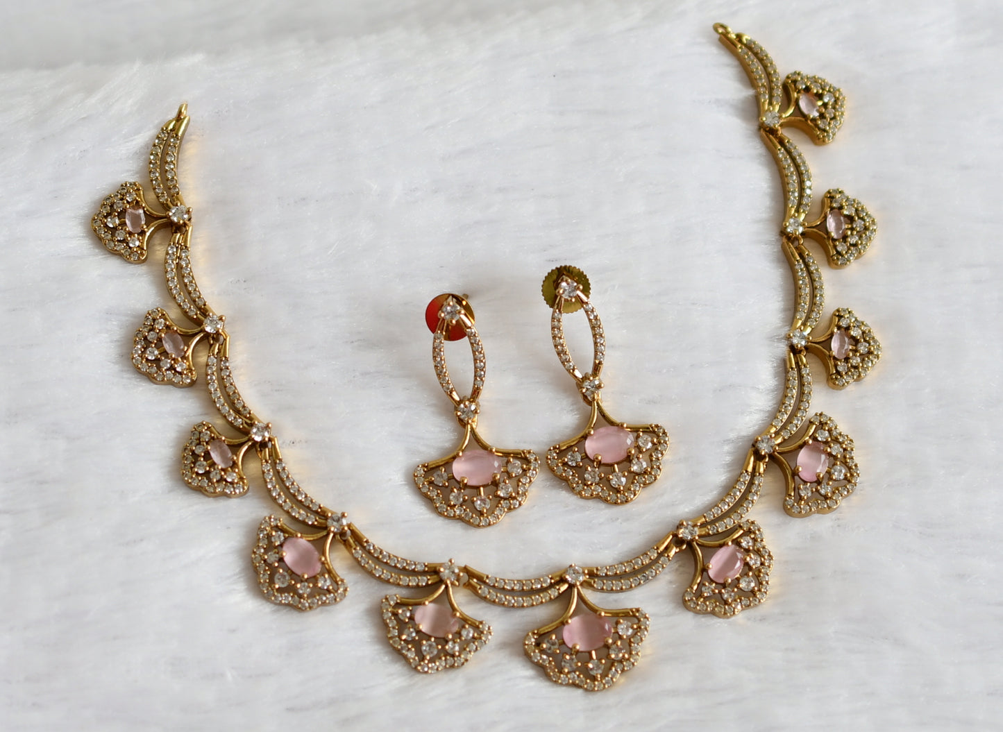 Matte finish cz-baby pink oval stone necklace set dj-49720