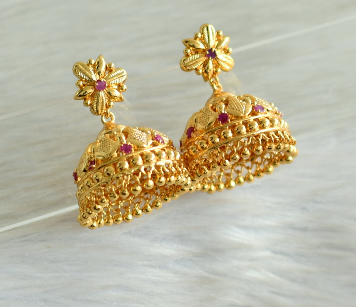 Gold tone kerala style pink stone jhumkka dj-42910