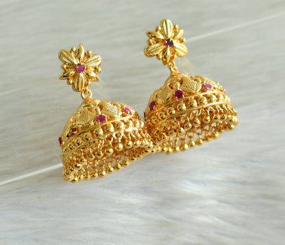 Gold tone kerala style pink stone jhumkka dj-42910