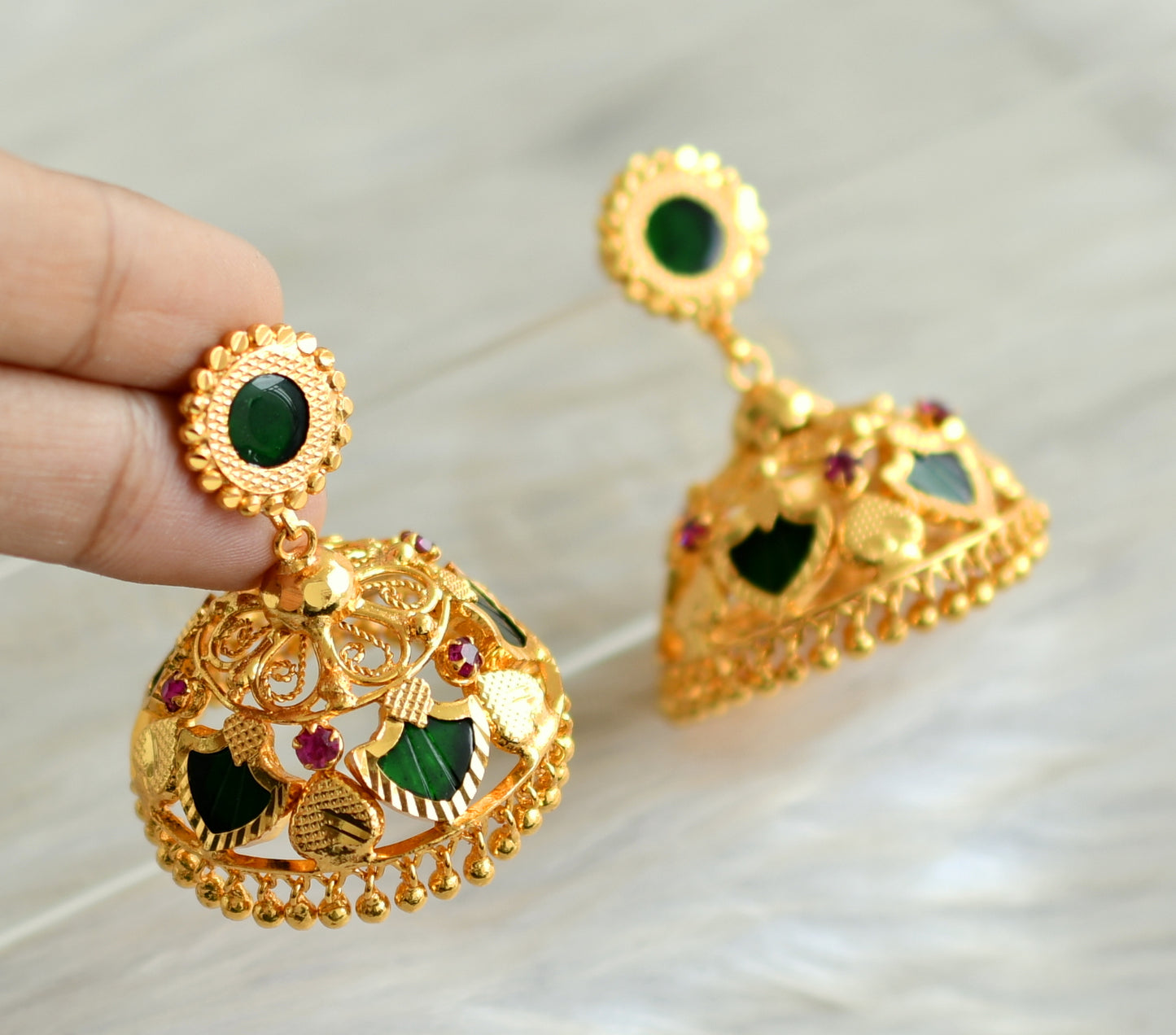 Gold tone pink-green 5 petals palakka jhumkka dj-42928