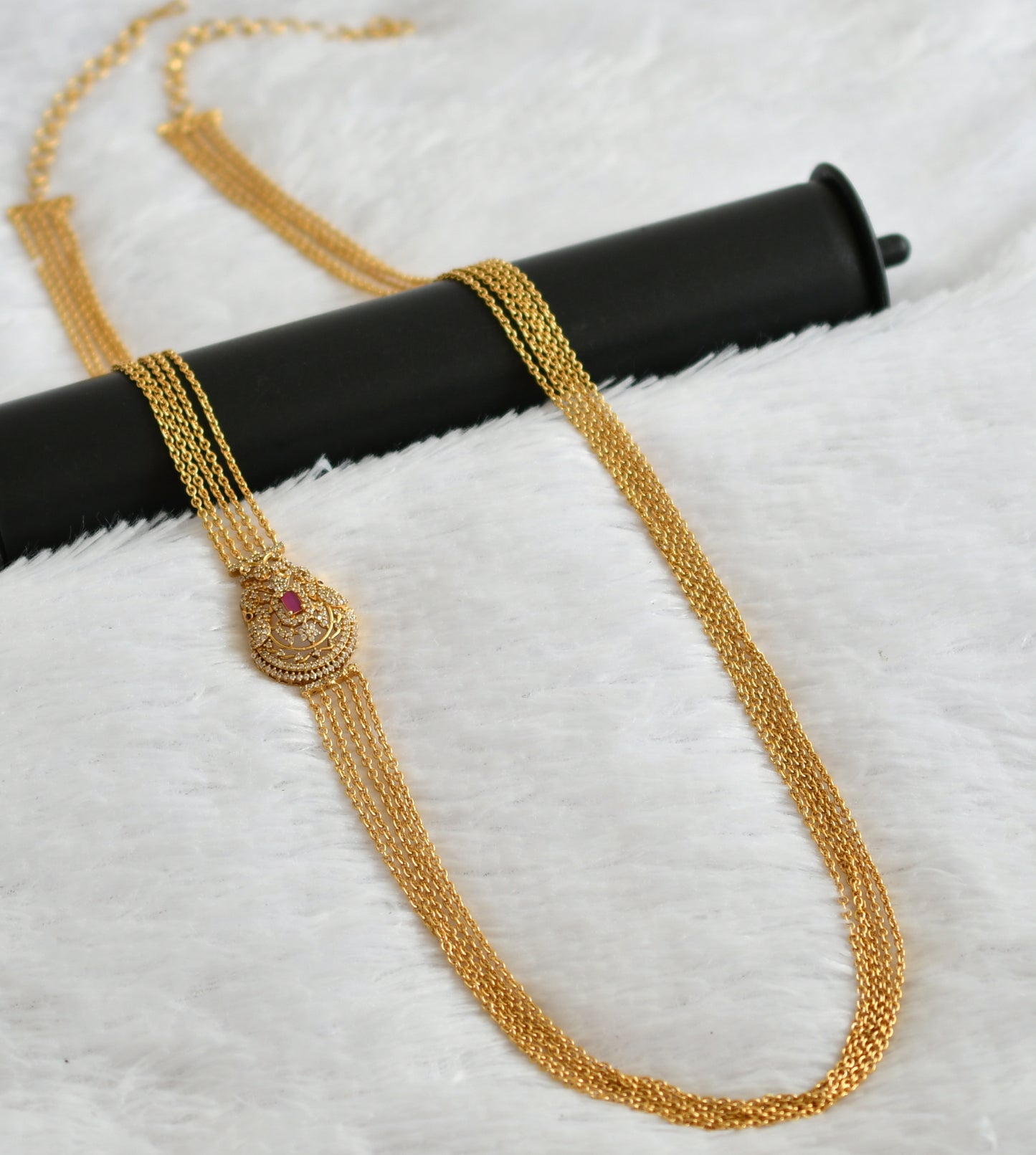 Antique gold tone cz white-ruby peacock mugappu chandra haar dj