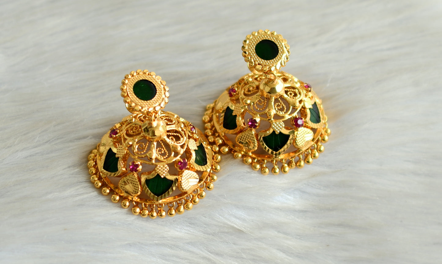 Gold tone pink-green 5 petals palakka jhumkka dj-42928