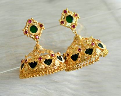 Gold tone pink-green palakka kerala style big jhumkka dj-42926