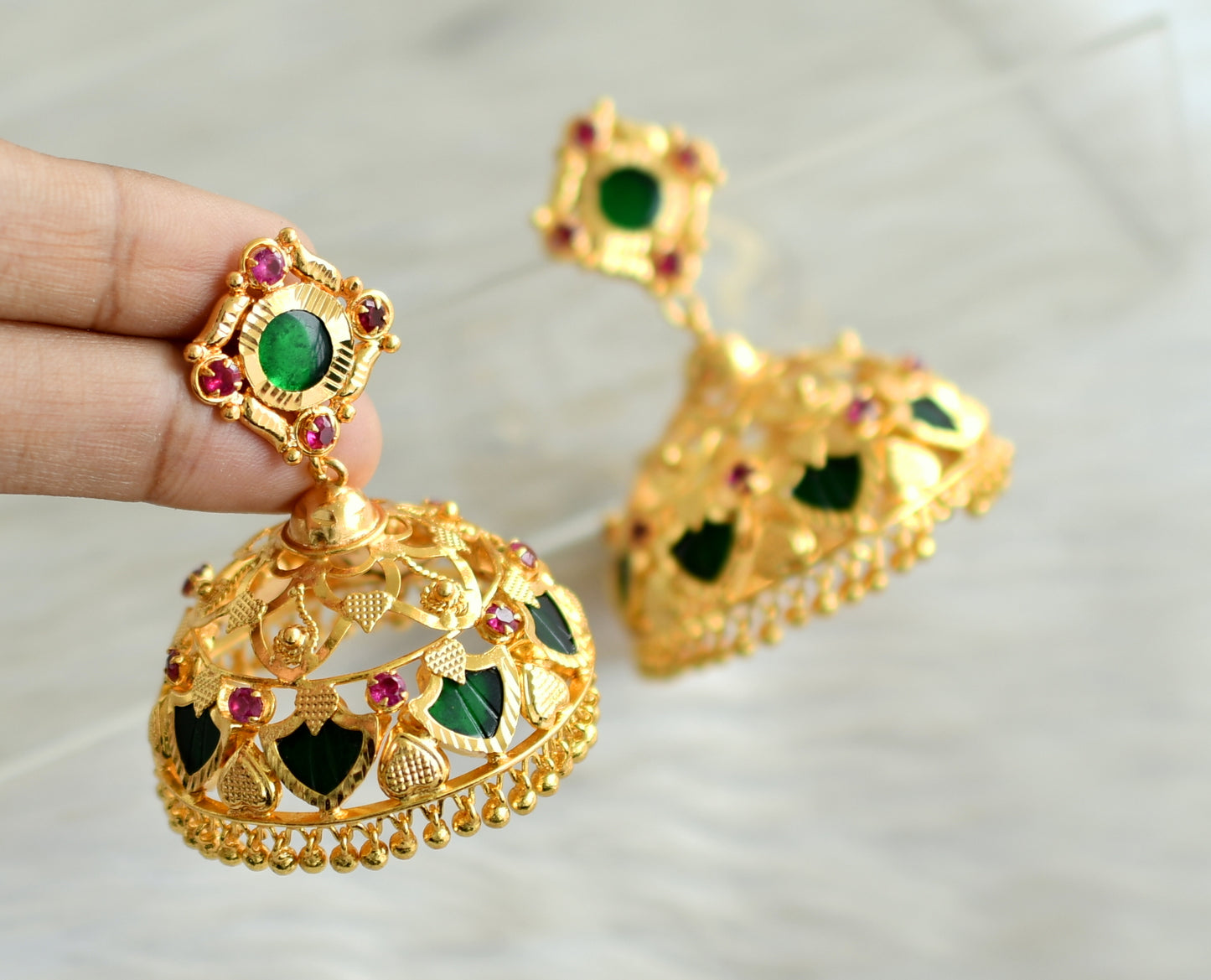 Gold tone pink-green palakka kerala style big jhumkka dj-42926