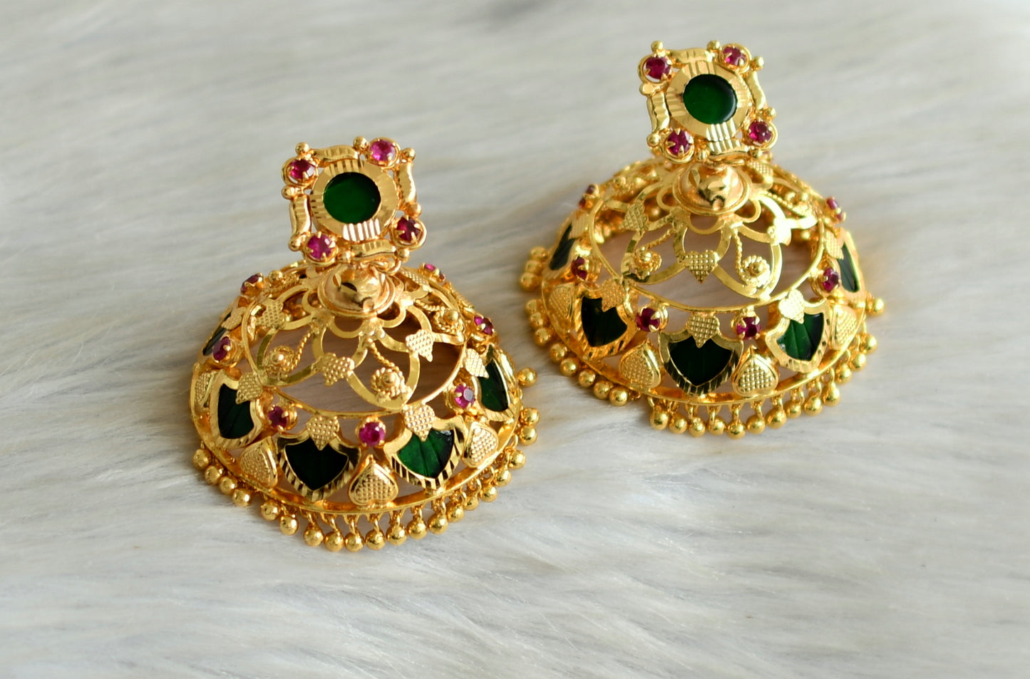 Gold tone pink-green palakka kerala style big jhumkka dj-42926