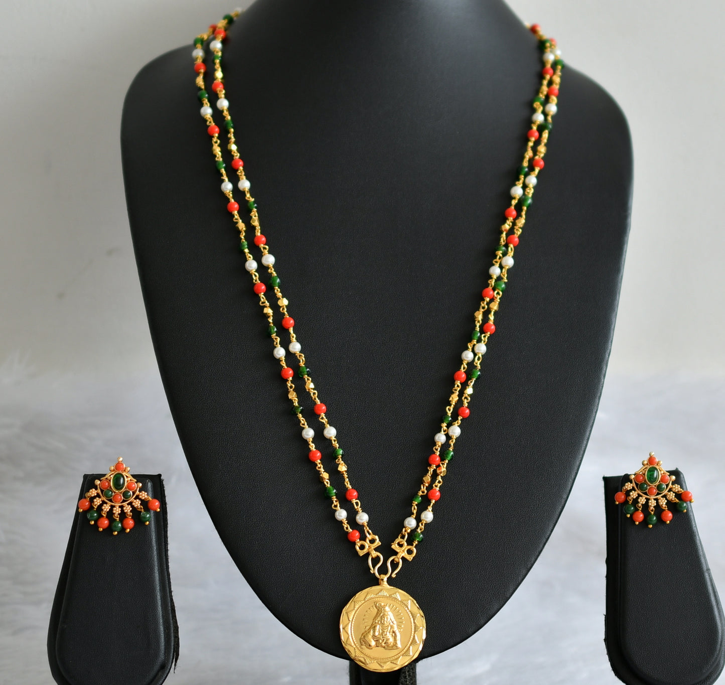 Gold tone 24 inches coral-pearl-green bead chain with krishna pendant dj-46737