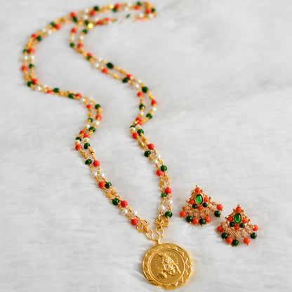 Gold tone 24 inches coral-pearl-green bead chain with krishna pendant dj-46737