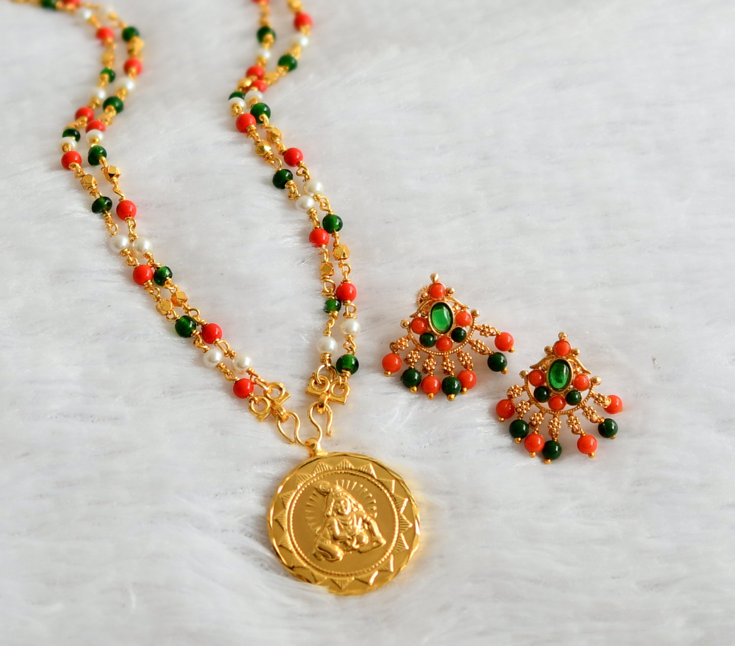 Gold tone 24 inches coral-pearl-green bead chain with krishna pendant dj-46737