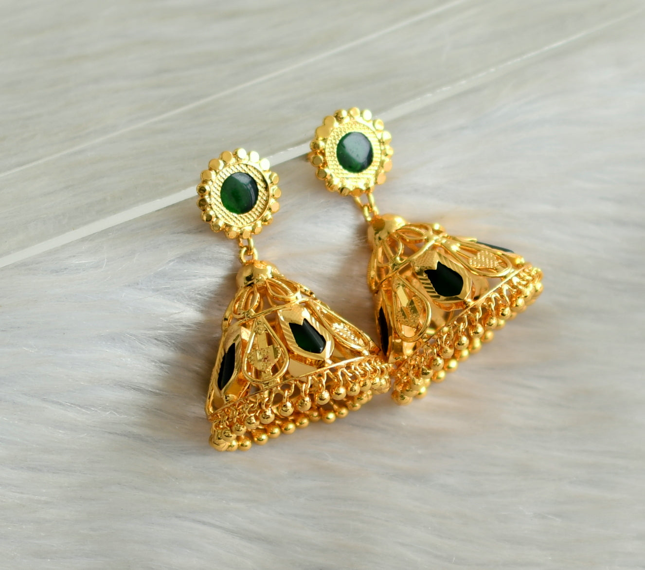 Gold tone green nagapadam 5 petal jhumkka dj-42933