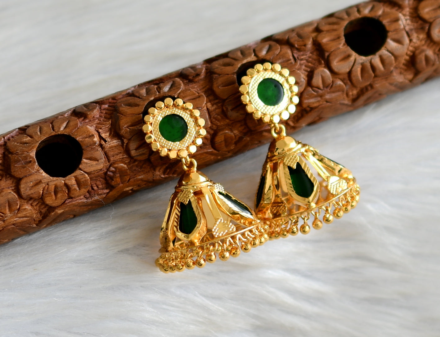 Gold tone green nagapadam 4 petal jhumkka dj-42934