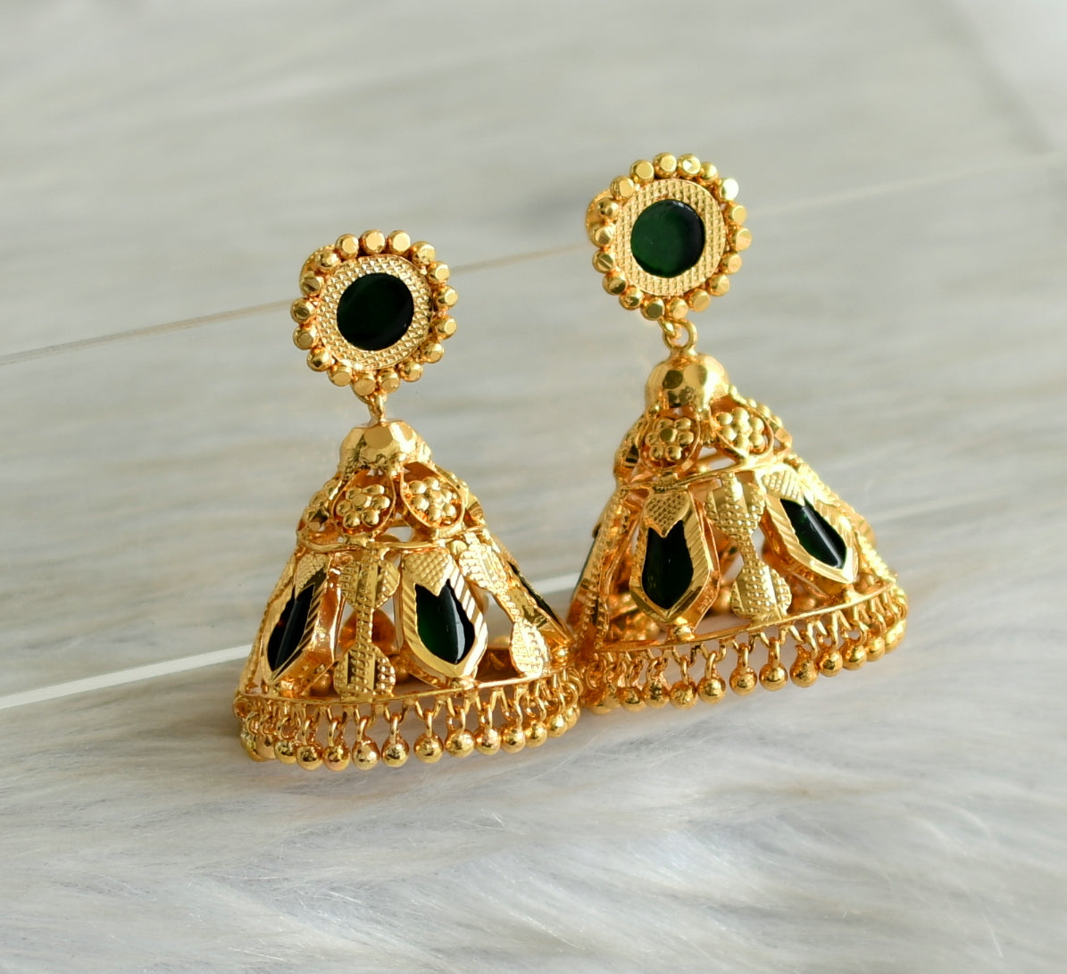 Gold tone green kerala style 5 petal nagapadam jhumkka dj-42932