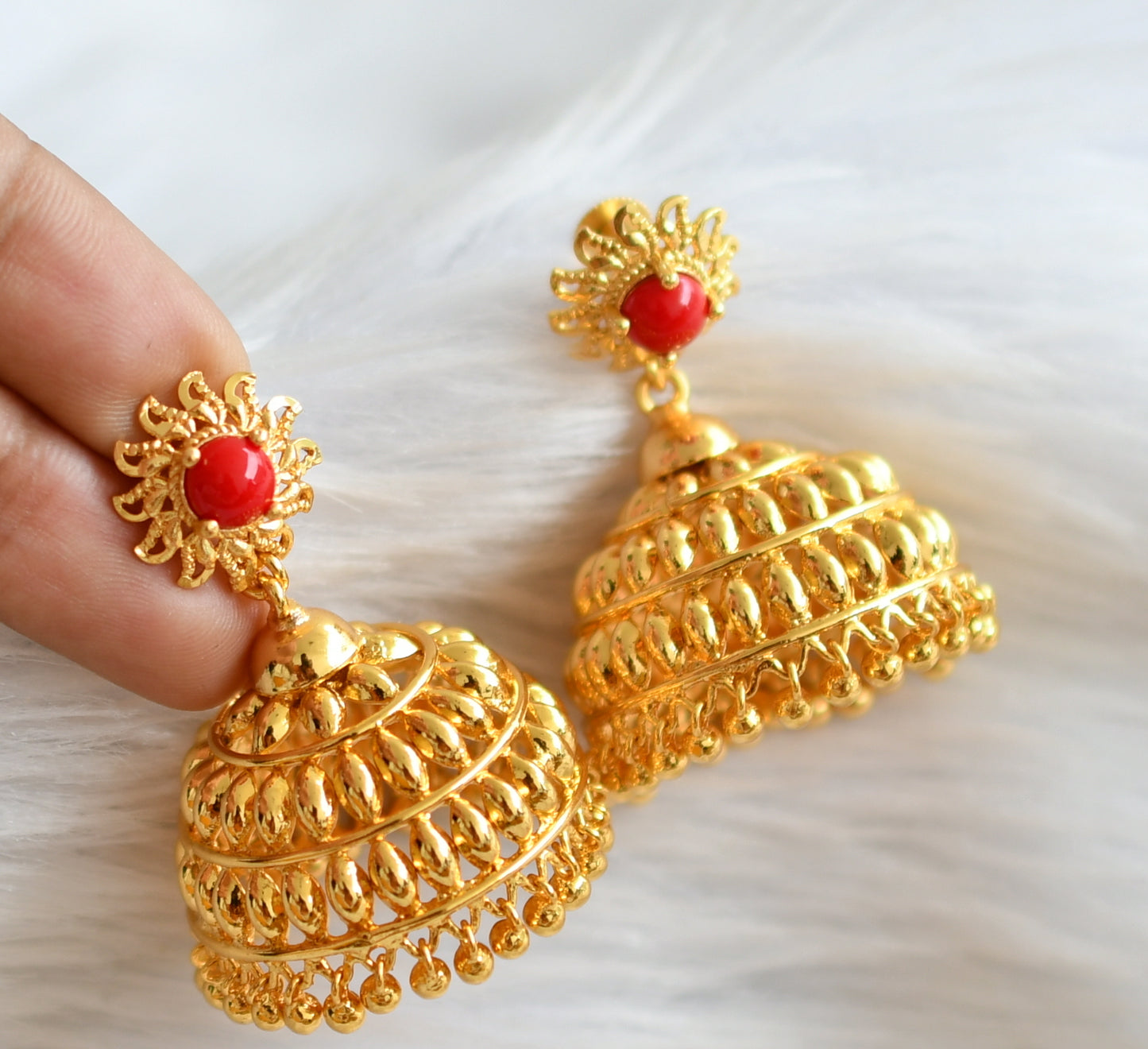 Gold tone kerala style coral stone jhumkka dj-44403