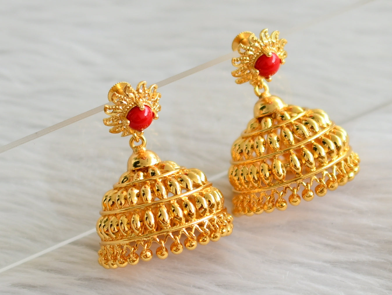 Gold tone kerala style coral stone jhumkka dj-44403