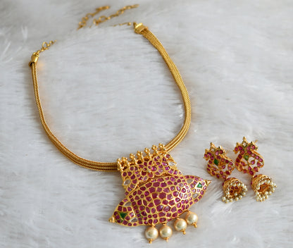 Gold tone pink-green-white peacock real uncut polki pendant with earrings dj-47534