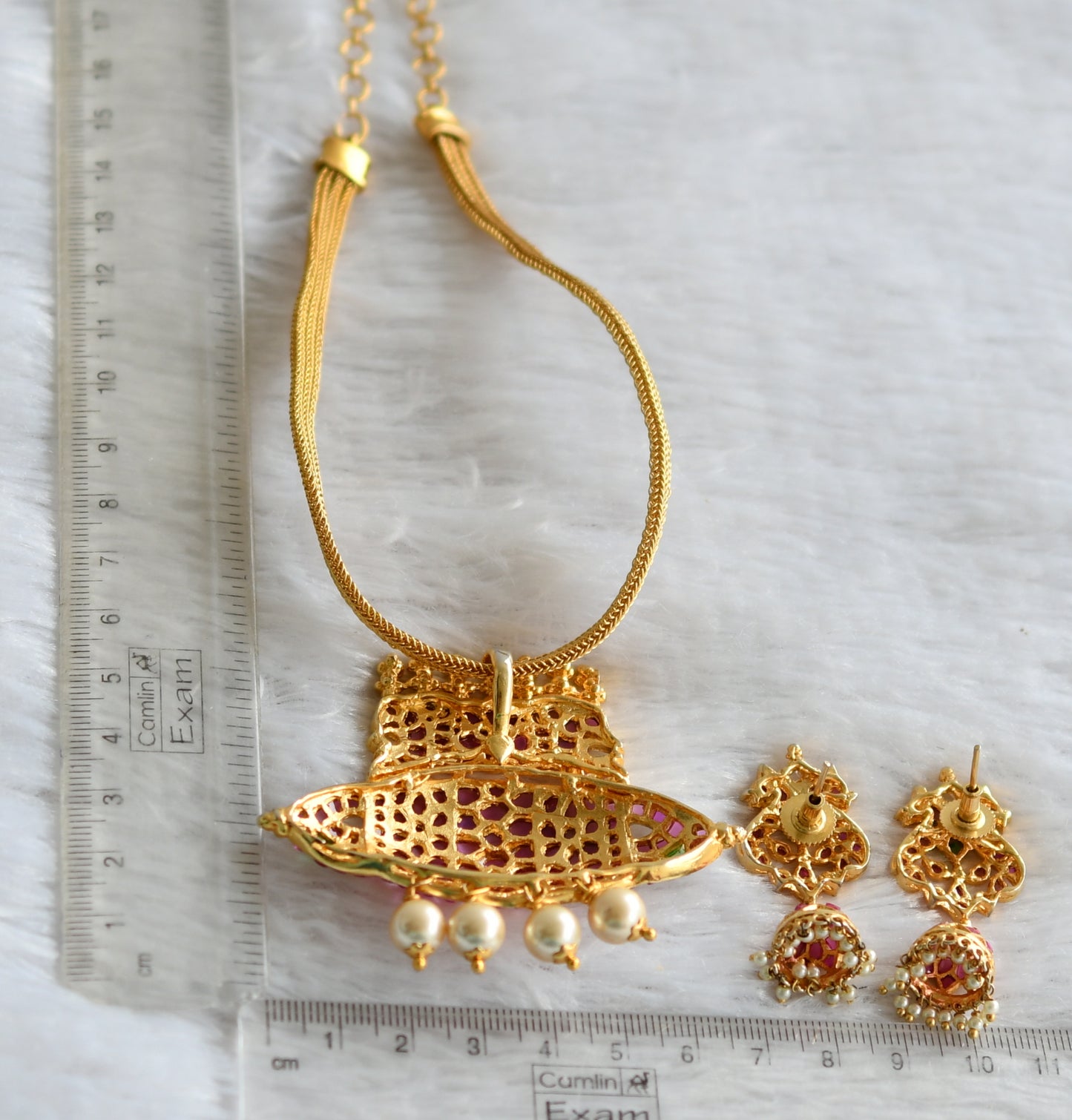 Gold tone pink-green-white peacock real uncut polki pendant with earrings dj-47534