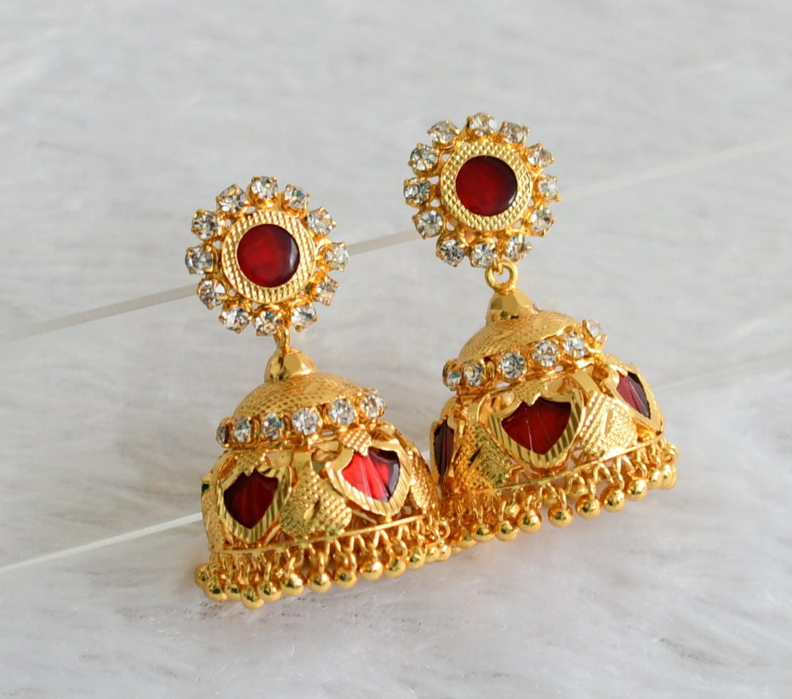 Gold tone kerala style white-red palakka jhumkka dj-47801