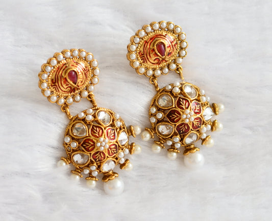 Antique gold tone red-white-pearl meenakari earrings dj-46211