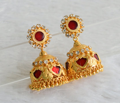 Gold tone kerala style white-red palakka jhumkka dj-47801