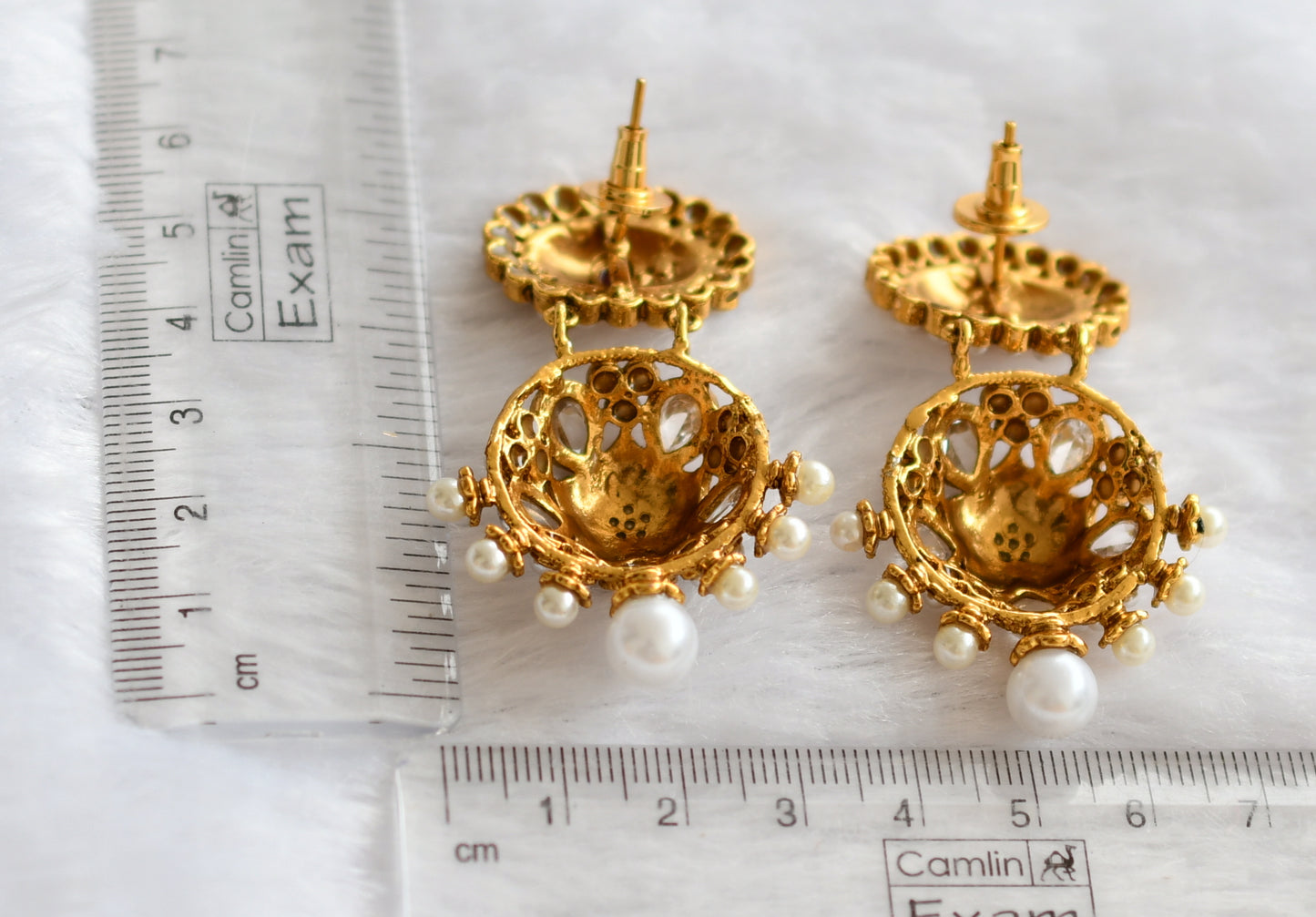 Antique gold tone red-white-pearl meenakari earrings dj-46211