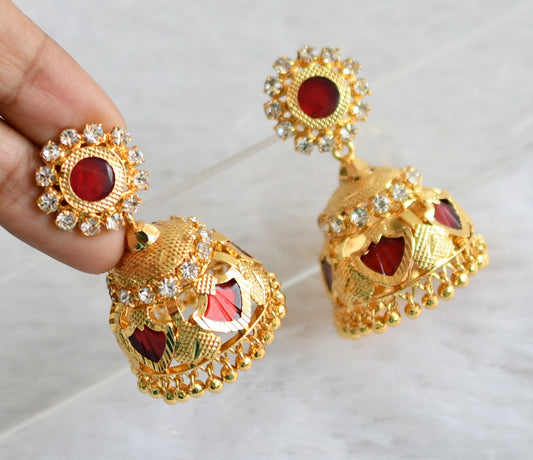 Gold tone kerala style white-red palakka jhumkka dj-47801