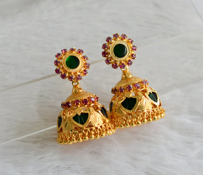 Gold tone kerala style pink-green palakka jhumkka dj-47800