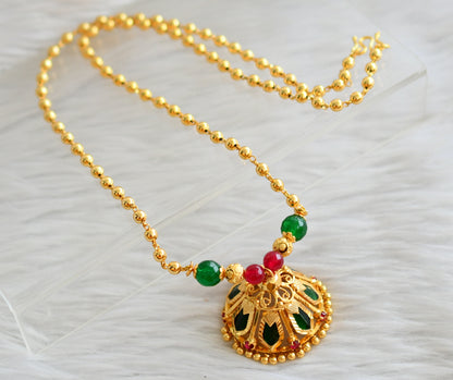 Gold tone kerala style pink-green nagapadam jhumkka pendant with ball chain dj-44414