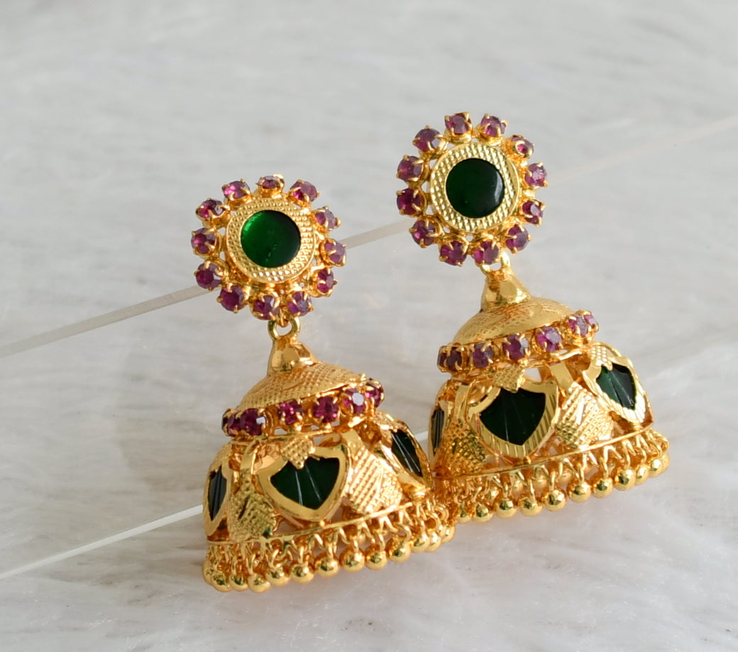 Gold tone kerala style pink-green palakka jhumkka dj-47800