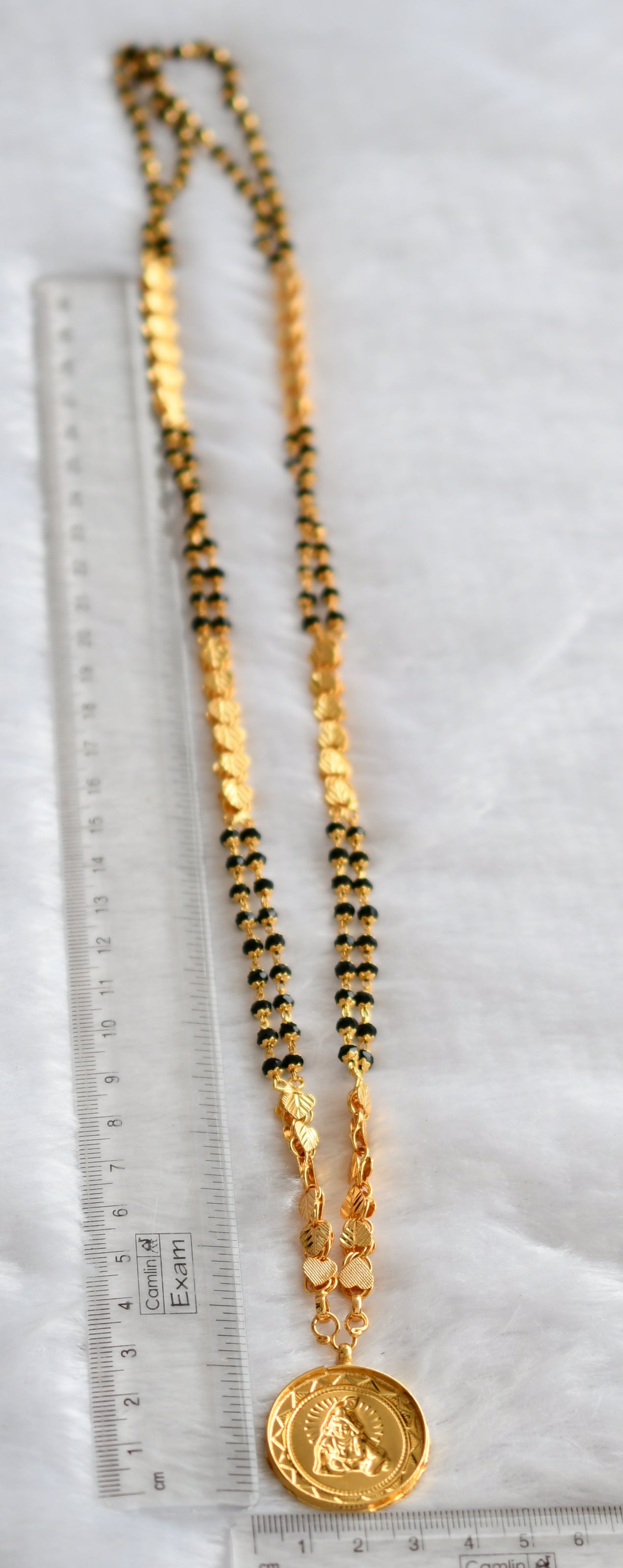 Gold tone 30 inches black karimani double layer chain with krishna round pendant dj-46222