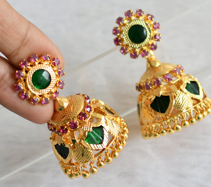 Gold tone kerala style pink-green palakka jhumkka dj-47800