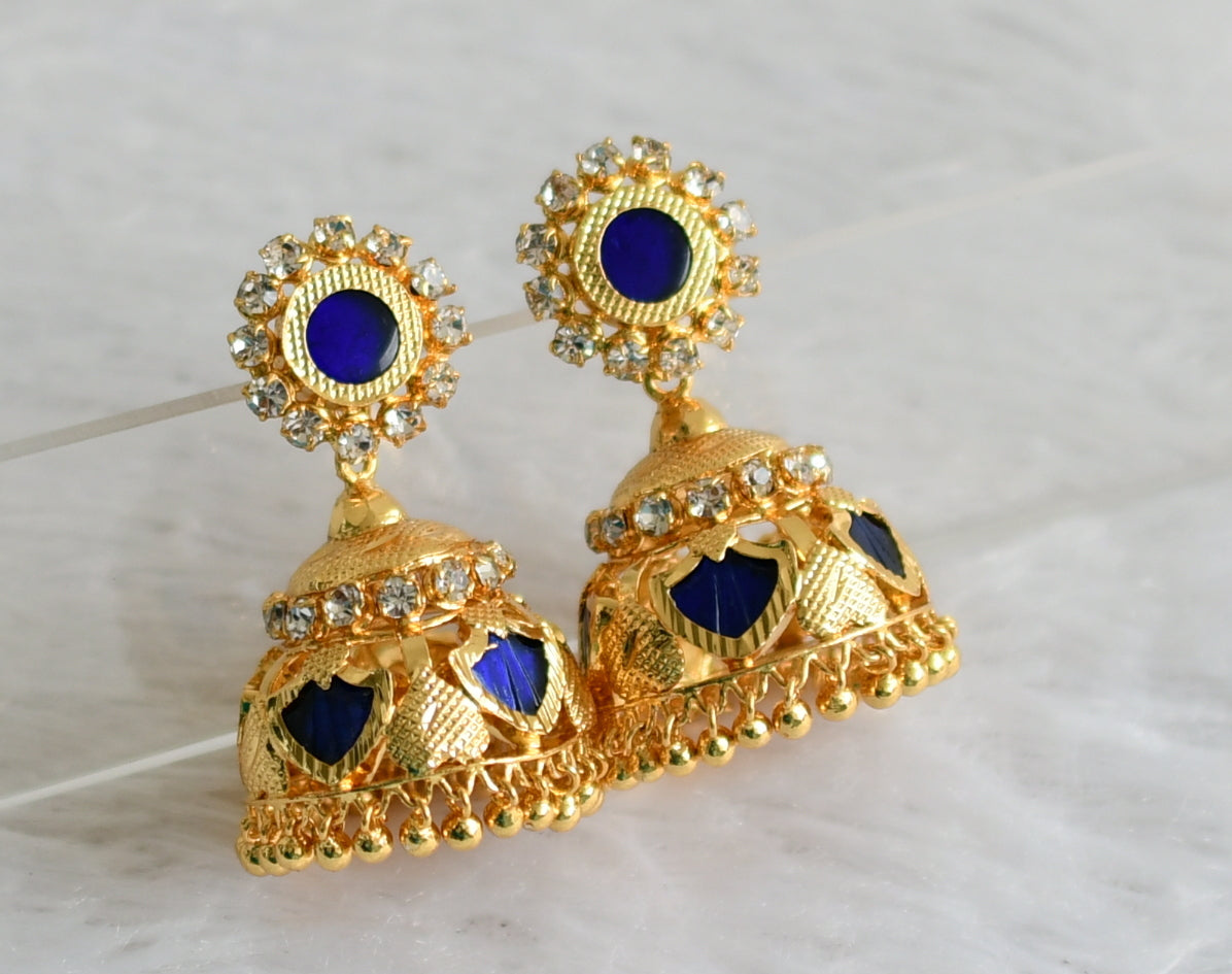 Gold tone kerala style white-blue palakka jhumkka dj-47802