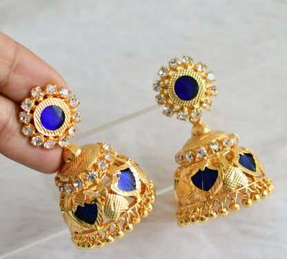 Gold tone kerala style white-blue palakka jhumkka dj-47802