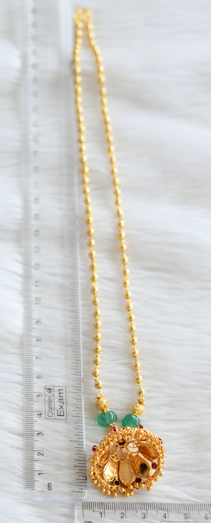 Gold tone pink-green nagapadam jhumkka pendant with ball chain dj-44415