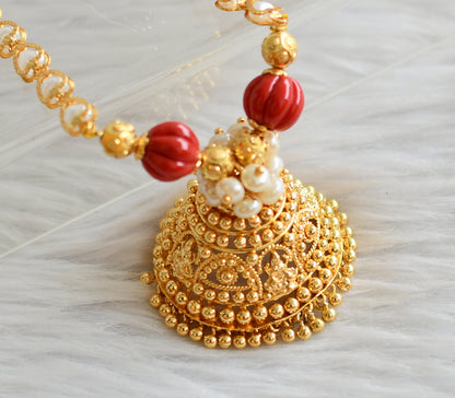 Gold tone coral-pearl lakshmi jhumkka pendant with pearl heart chain dj-44416