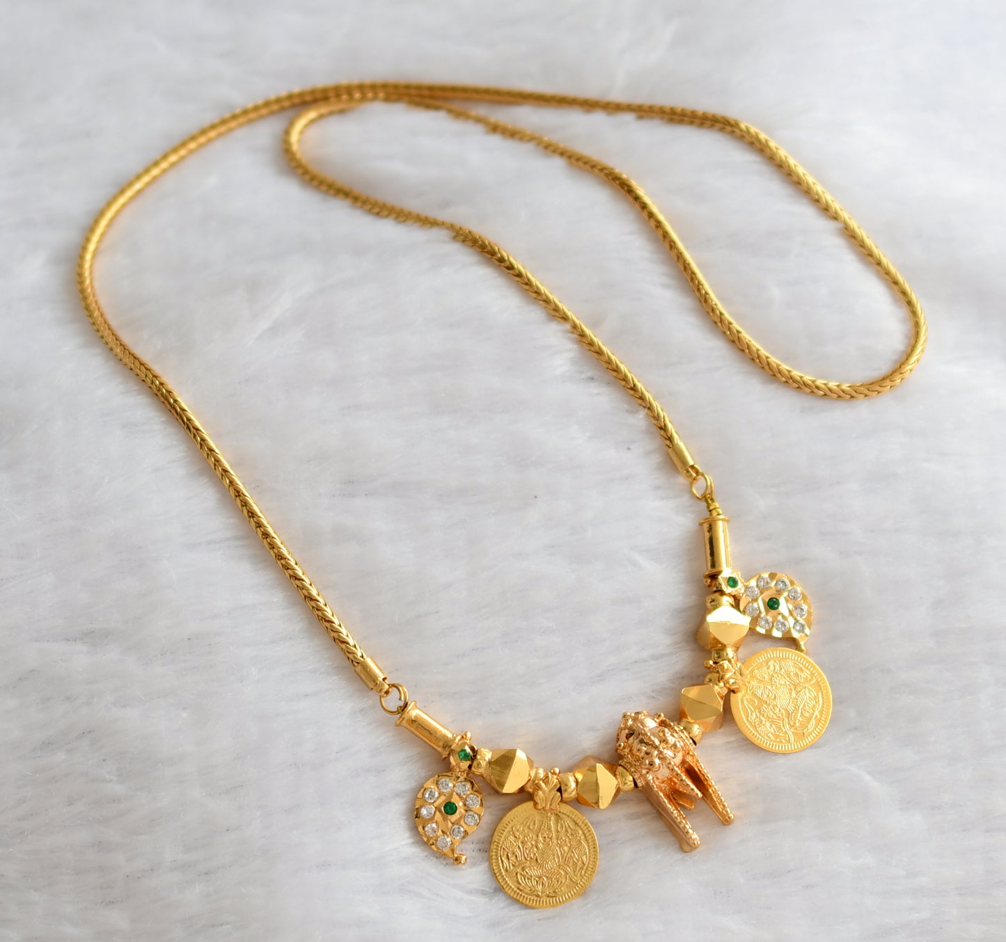 Gold tone 24 inches chain with green-white stone mango lakshmi coin thiru mangalyam dj-46220