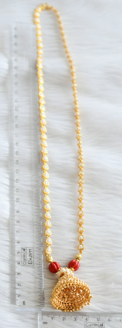 Gold tone coral-pearl lakshmi jhumkka pendant with pearl heart chain dj-44416