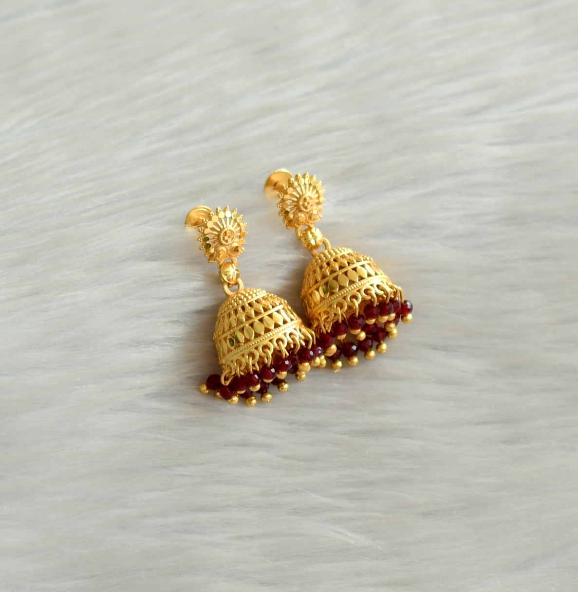 Matte gold tone kerala style maroon cluster jhumkka dj-42935