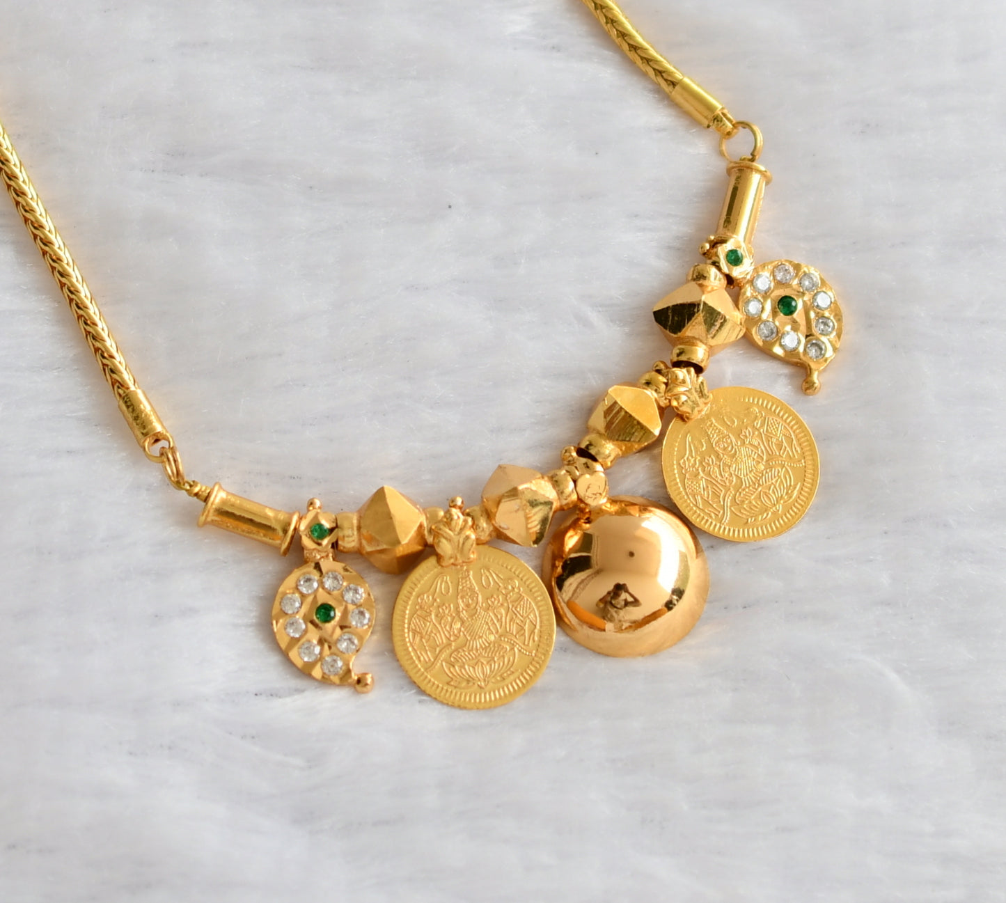 Gold tone 24 inches chain with green-white stone mango lakshmi coin  bottu mangalyam dj-46219