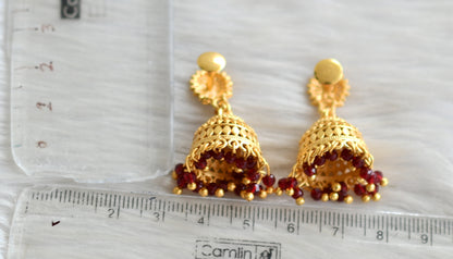 Matte gold tone kerala style maroon cluster jhumkka dj-42935