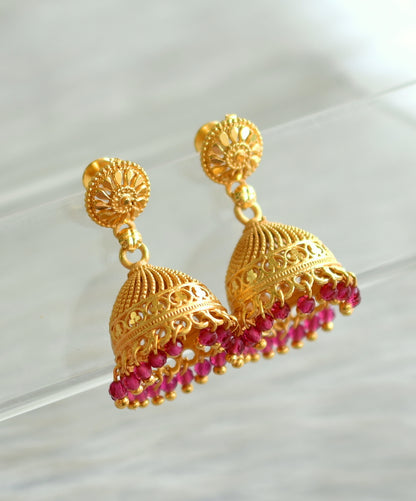 Matte gold tone kerala style pink cluster jhumkka dj-42936