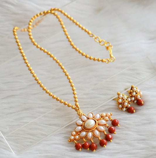 Gold tone coral-pearl flower necklace set dj-44430