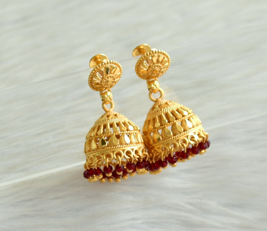 Matte gold tone kerala style maroon cluster jhumkka dj-42937